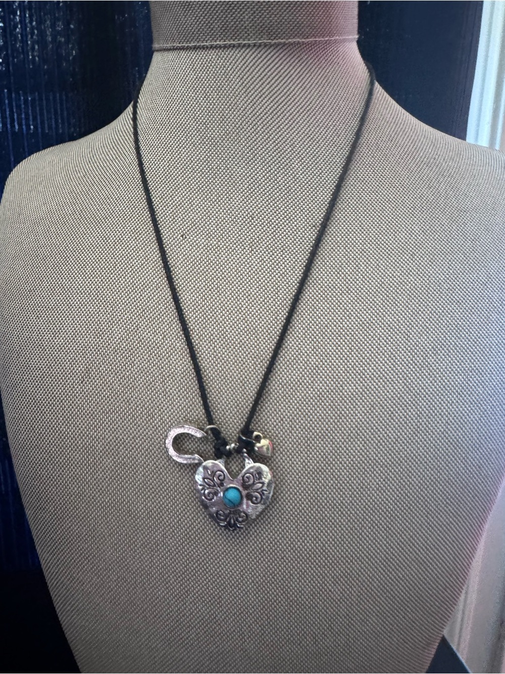 Heart Pendant Necklace with Turquoise Accent - Black Cord